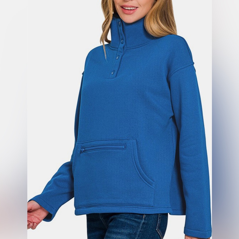 Zenana Outfitters Royal Blue Pullover Snap Collar Fleece - Picture 2 of 4